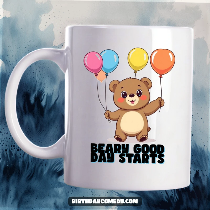 Funny bear mug, a cheerful character with big eyes, skillfully juggling colorful balloons, radiating happiness.