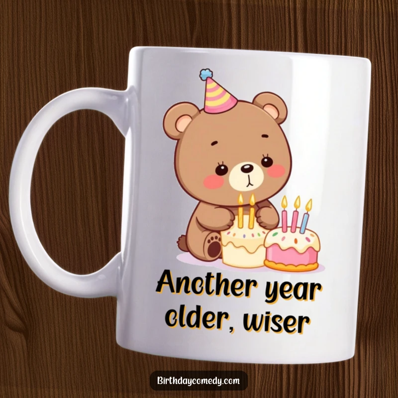 Funny birthday mug featuring a playful bear in a party hat, joyfully blowing out candles on a tiny cake, perfect for party lovers.