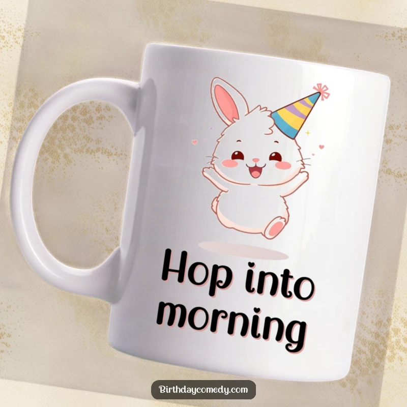 Funny mug featuring a fluffy bunny wearing a party hat, bouncing gleefully with excitement.