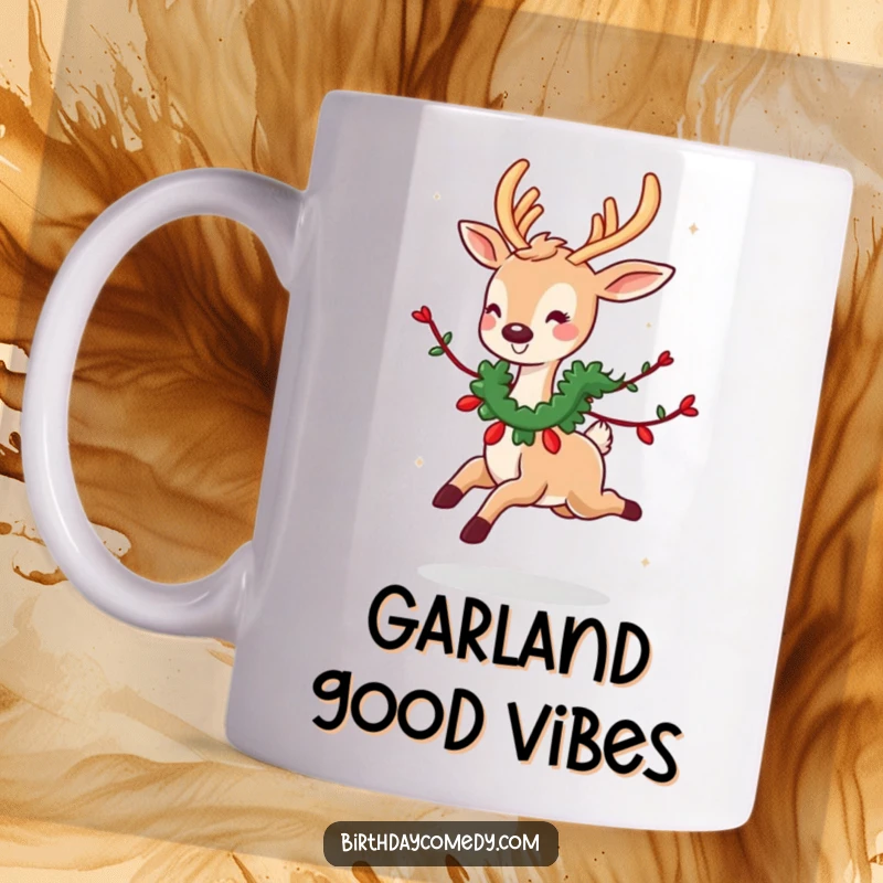 Funny mug art: A cute deer with a garland around its neck skips joyfully, radiating happiness and festive charm.