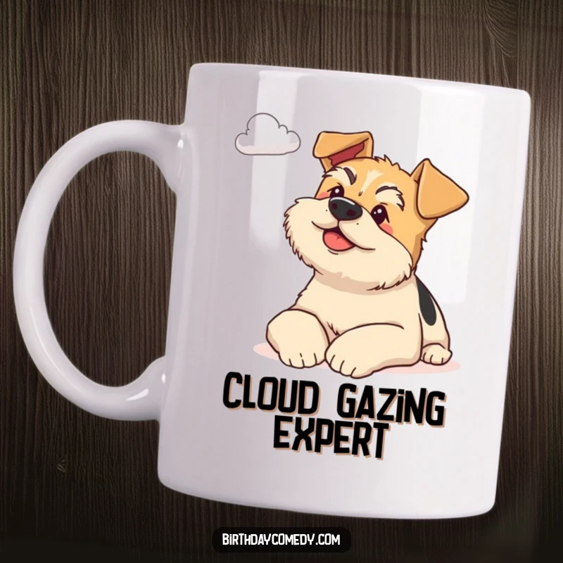 Funny dog mug featuring a content terrier resting its head on its paws, gazing peacefully at a distant cloud, embodying calm contemplation.