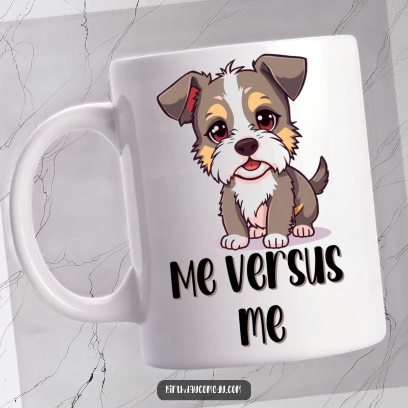 Funny dog mug featuring a silly terrier with a mischievous glint, hilariously chasing its own shadow, embodying pure, unadulterated canine chaos.