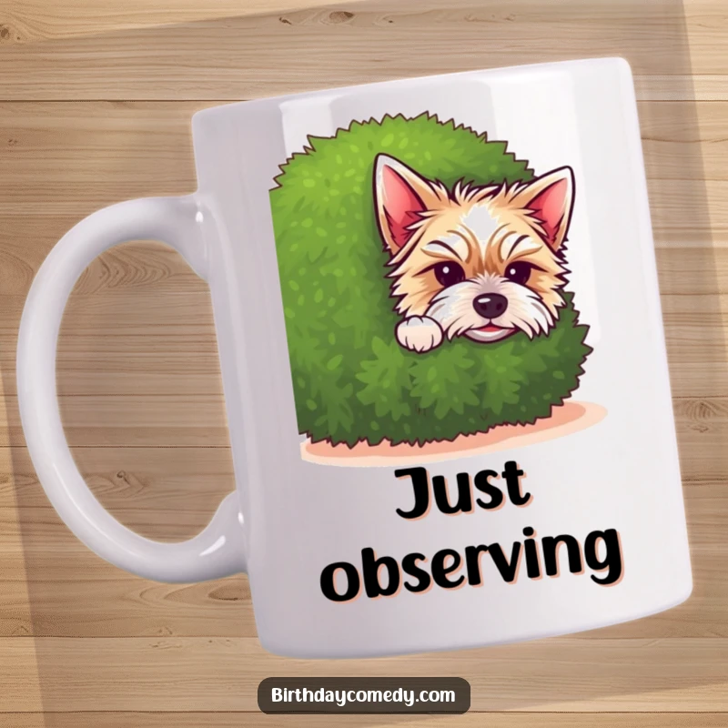 Funny dog mug featuring an adorable terrier puppy peeking curiously from behind a bushy green shrub, radiating innocence and mischief.
