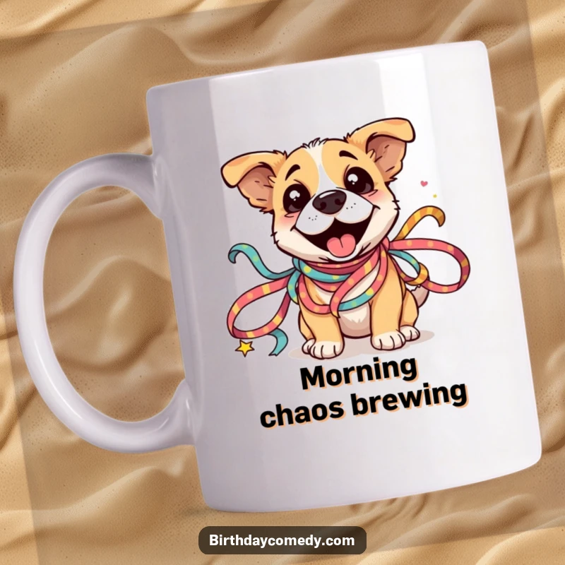 Funny Dog Ribbon Mug: A silly dog is joyfully tangled in vibrant festive ribbons, looking happy and slightly confused.