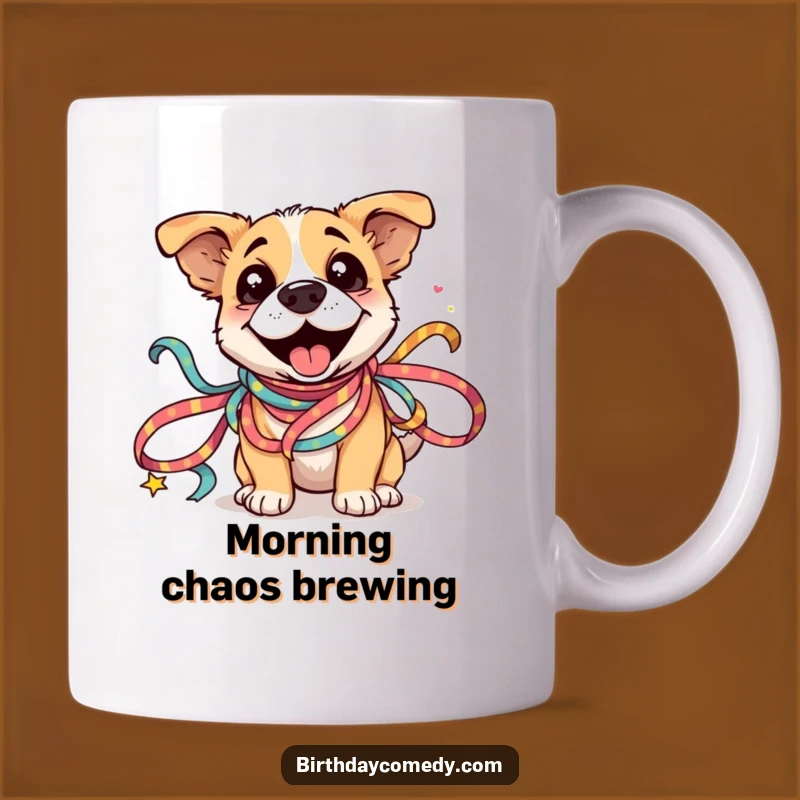 Funny Dog Ribbon Mug: Silly Dog Entangled in Festive Ribbons, Perfect Humorous Gift Mug