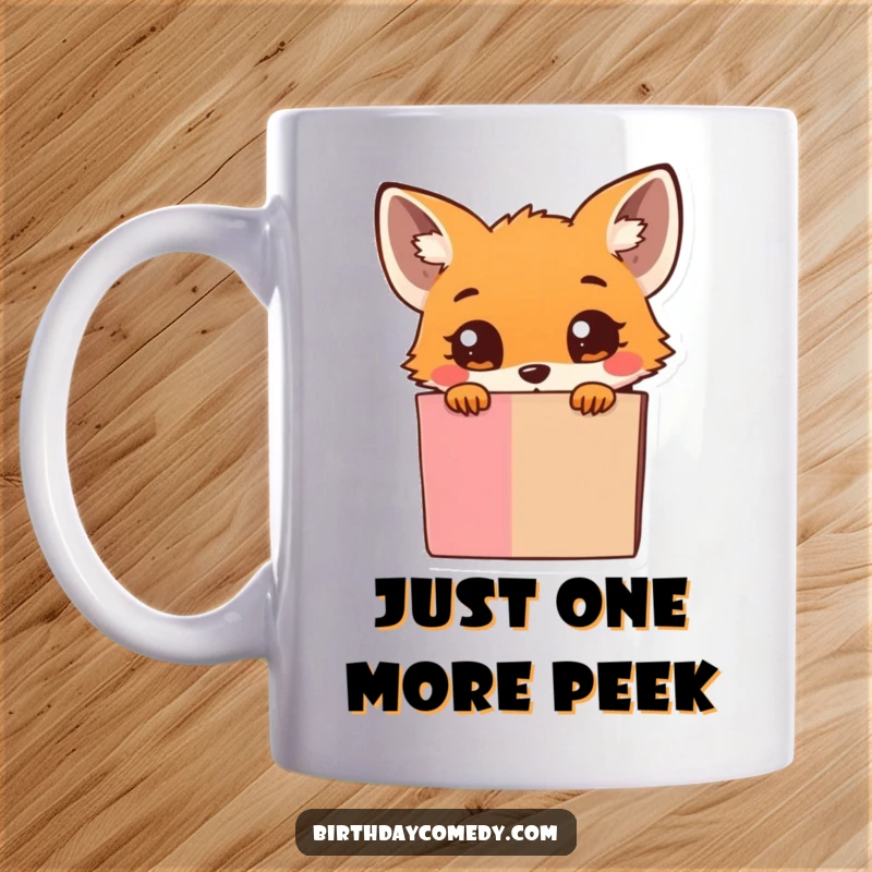 Funny Mug: Tiny fox with wide eyes peeks curiously from behind a giant, overflowing gift box, exuding adorable mischief.