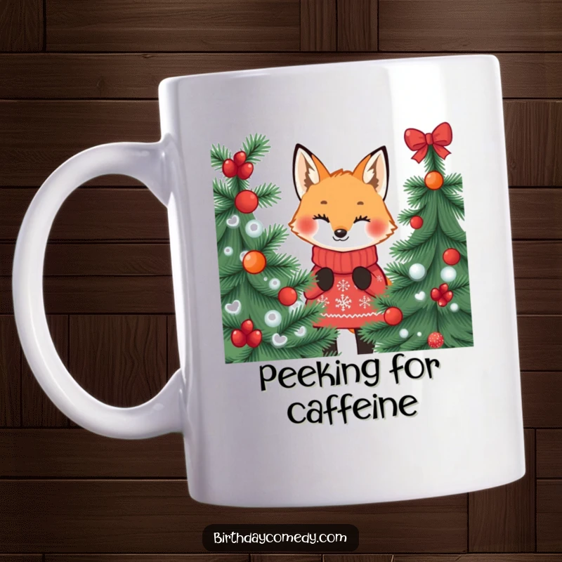 Funny fox mug, wearing a festive jumper, playfully peeking from behind a decorated pine tree, evoking holiday curiosity.