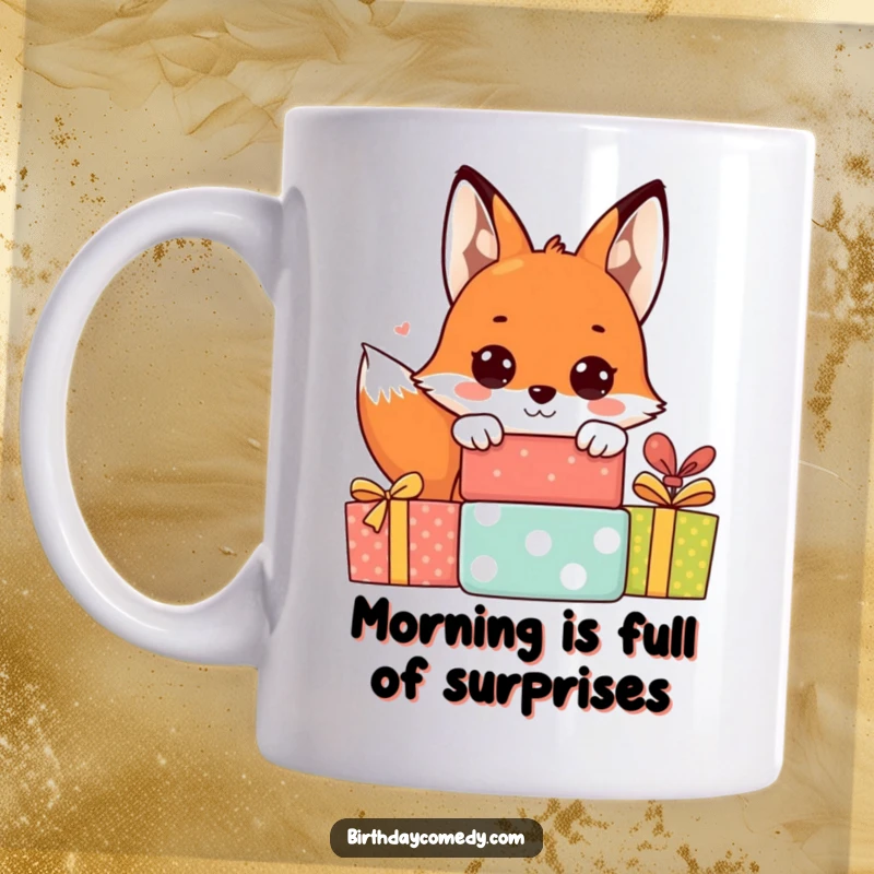 Funny fox mug with a cheerful fox peeking from behind a stack of wrapped presents with wide, curious eyes, evoking surprise.