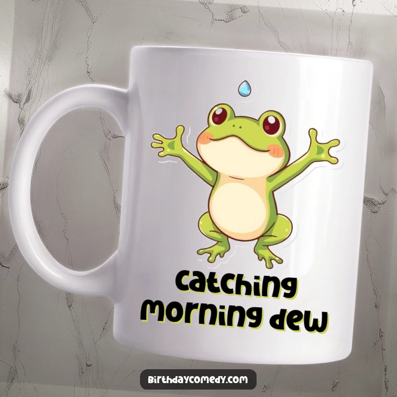 Funny frog mug with outstretched arms catching a falling dewdrop, symbolizing joy and a playful spirit, a great gift.