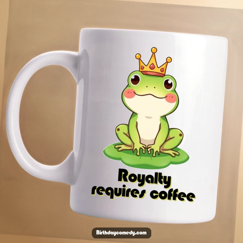 Funny mug with a happy frog character wearing a tiny crown and balancing a lily pad as a hat, embodying whimsical royalty.