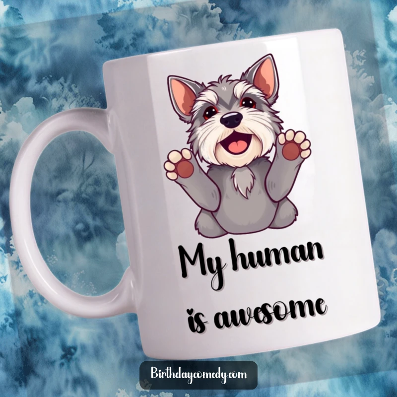 Funny schnauzer mug with paws raised looking up eagerly at owner, showcasing playful and joyful doggy energy.