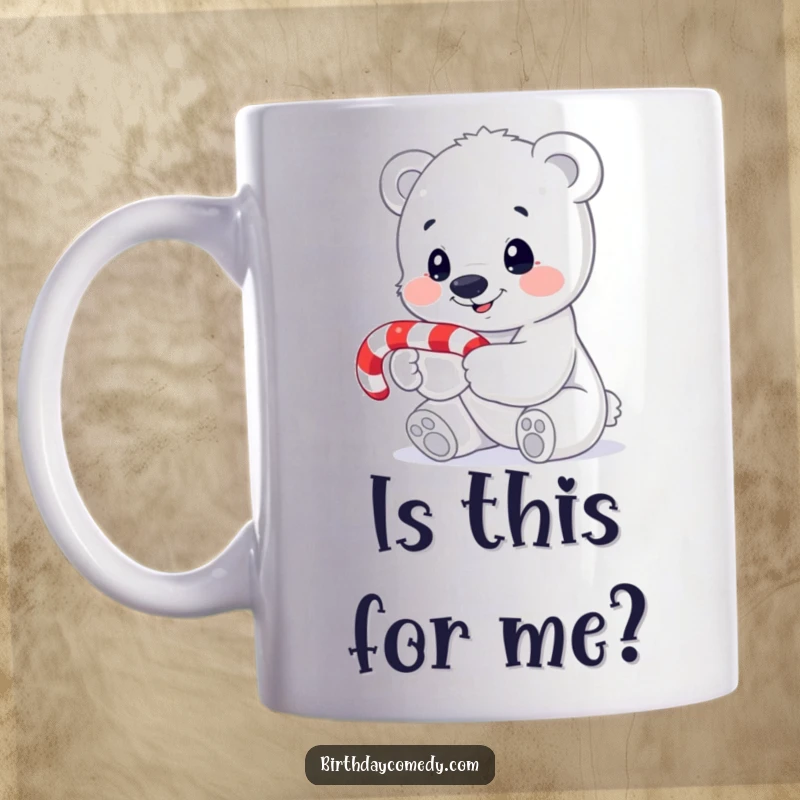 Funny polar bear cub mug, sweetly holding a candy cane with a look of pure fascination, perfect for holiday cheer.