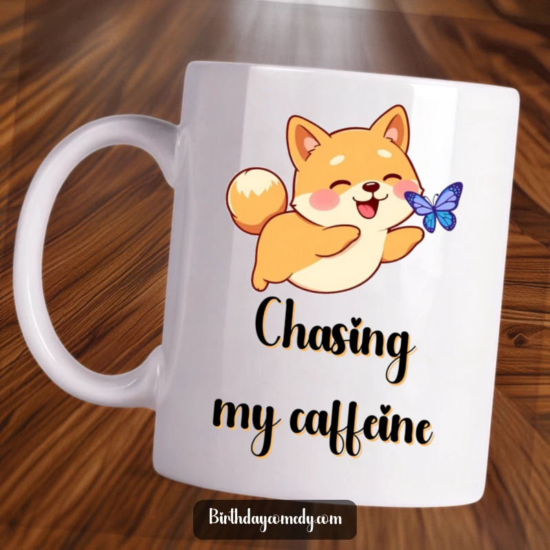 Funny mug showing a happy Shiba Inu with a perky tail enthusiastically chasing a glowing digital butterfly.