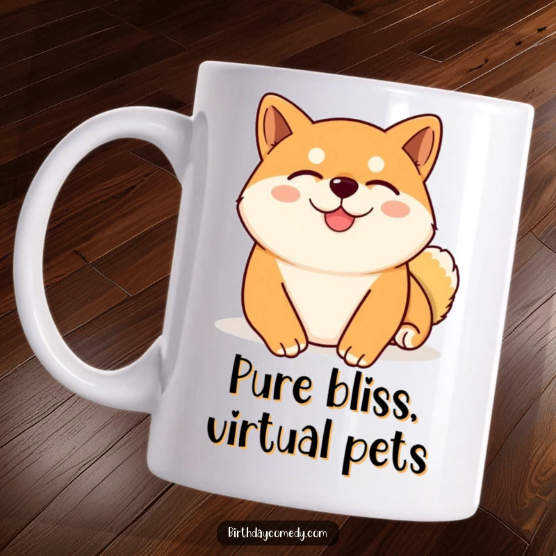 Funny Shiba Inu mug showing a content Shiba Inu with eyes closed, blissfully receiving a virtual belly rub, pure happiness.