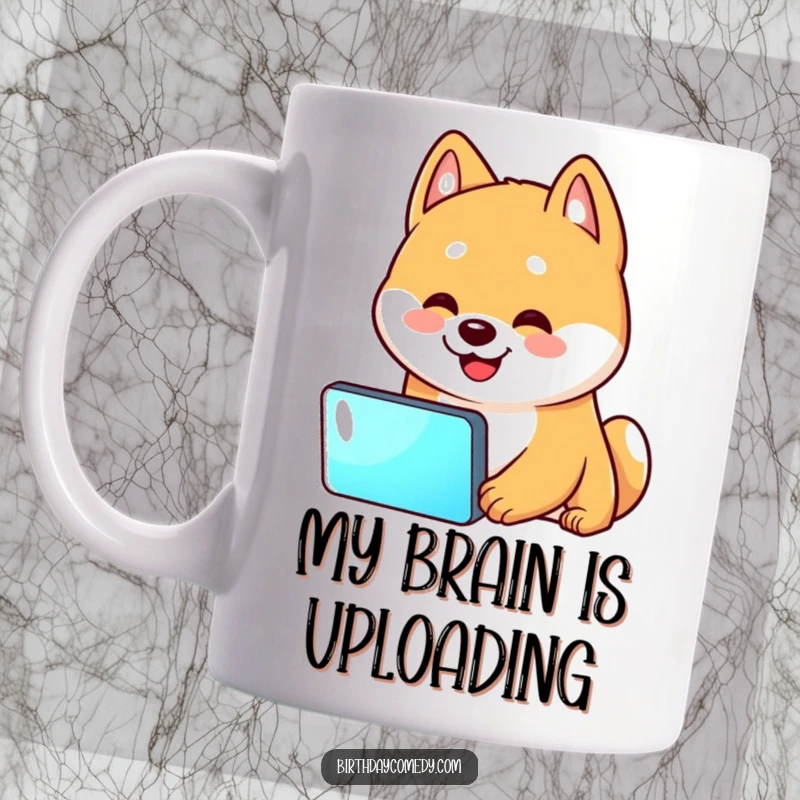 Funny Shiba Inu mug with a head tilt, mesmerized by a glowing screen, showcasing relatable tech humor.