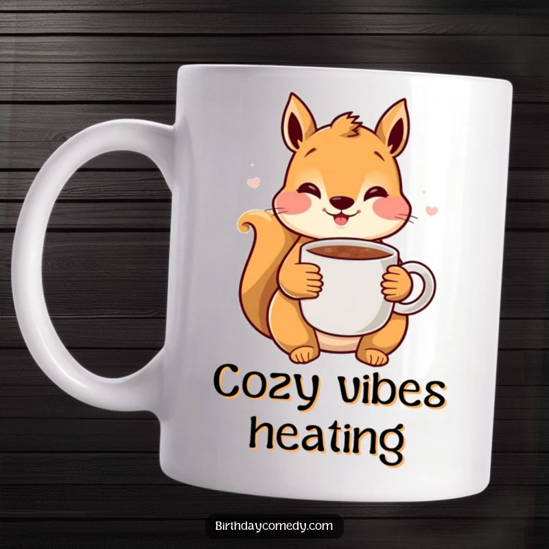 Funny Squirrel Cocoa Mug: A content squirrel with rosy cheeks happily clutches a warm mug of cocoa, radiating winter coziness.