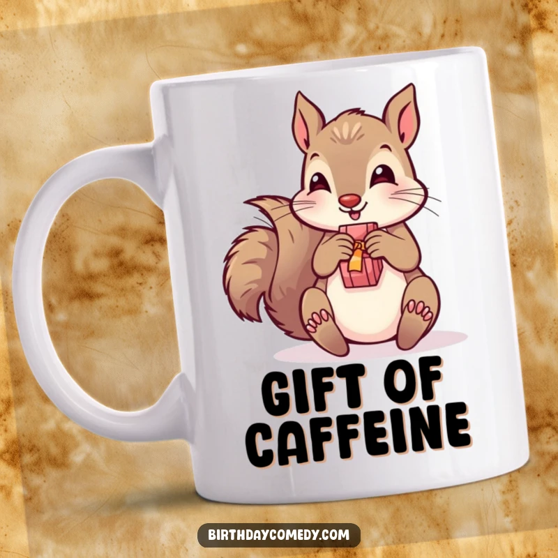 Funny mug featuring a playful squirrel character excitedly unwrapping a small gift, symbolizing joy and surprise.