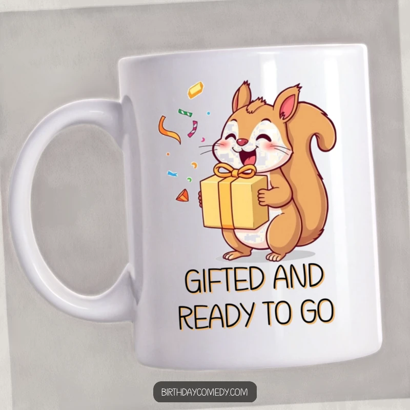 Funny squirrel mug showing an excited squirrel holding a gift box with streamers flying, embodying joyous anticipation of presents.