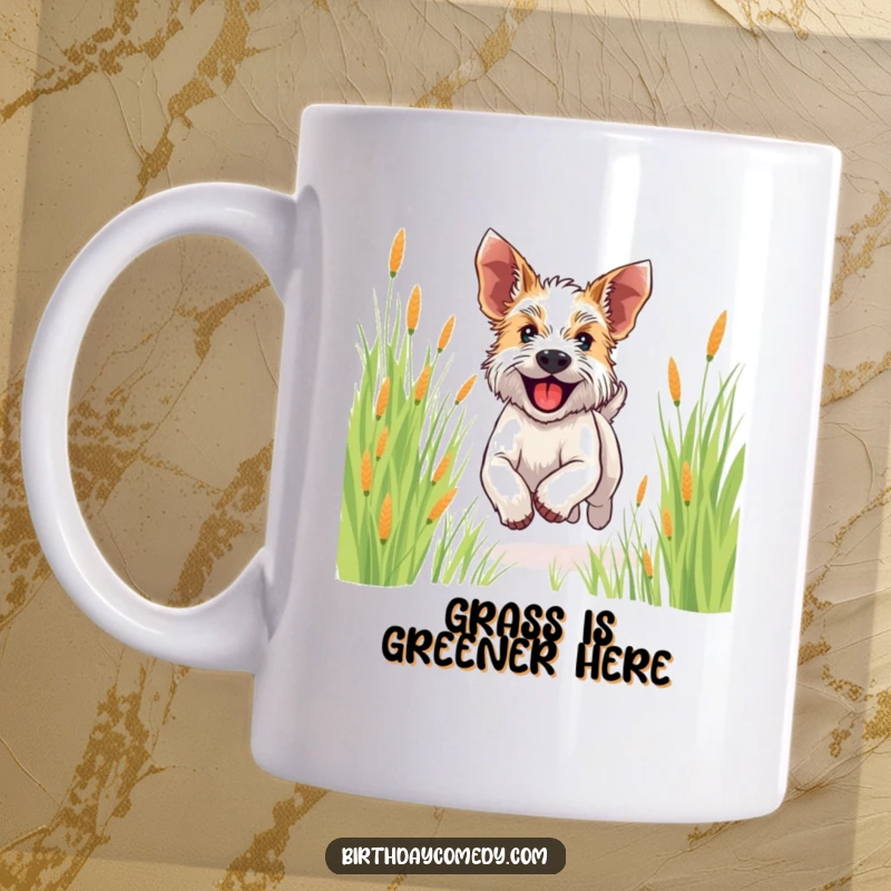 Funny dog mug featuring a happy terrier with ears flapping, joyfully running through a field of tall grass, embodying freedom.