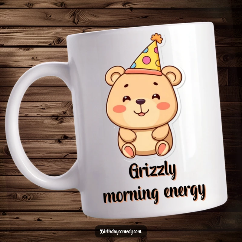 Funny smiling bear mug wearing a comically oversized party hat, radiating happiness and festive spirit.