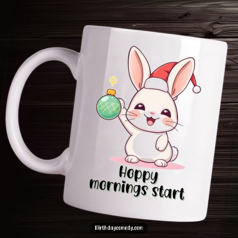 Funny Rabbit Holiday Mug: A joyful rabbit wearing a festive hat holds up a sparkling ornament, spreading holiday cheer.