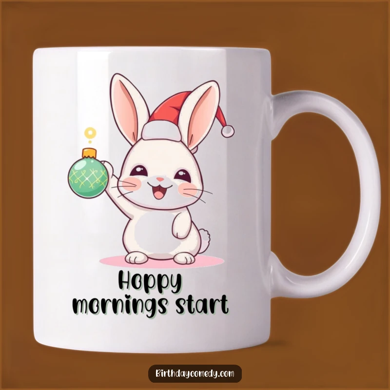 Funny Rabbit Holiday Mug: Joyful Festive Hat Rabbit with Sparkling Ornament, Perfect Gift Mug