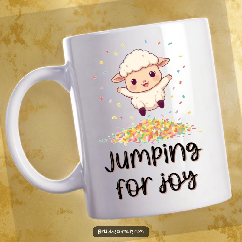 Funny mug featuring a happy, bouncing sheep leaping gracefully over a colorful pile of confetti.