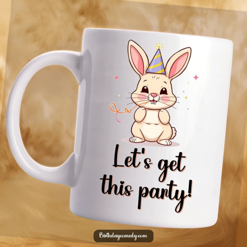Funny mug with a cheerful bunny wearing a party hat, blowing a streamer with intense focus and determination.