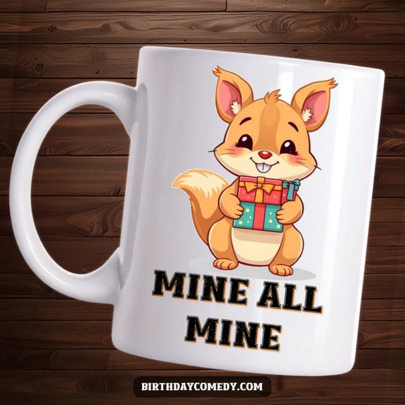 Funny mug featuring a playful squirrel grinning widely while holding a tall stack of colorful presents, ready for gifting.