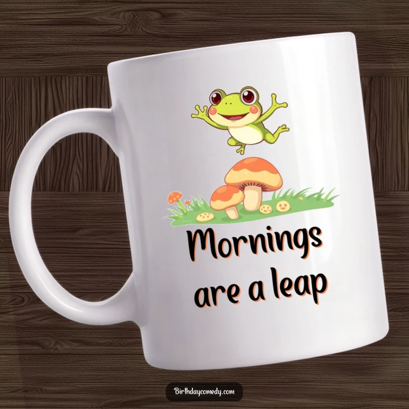 Funny Mug showing a joyful frog with curious eyes, mid-leap between two colorful mushroom caps, radiating excitement.