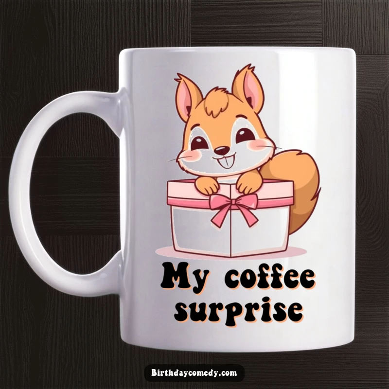 Funny Mug featuring a curious squirrel with a wide grin, peeking mischievously out of a brightly colored gift box.