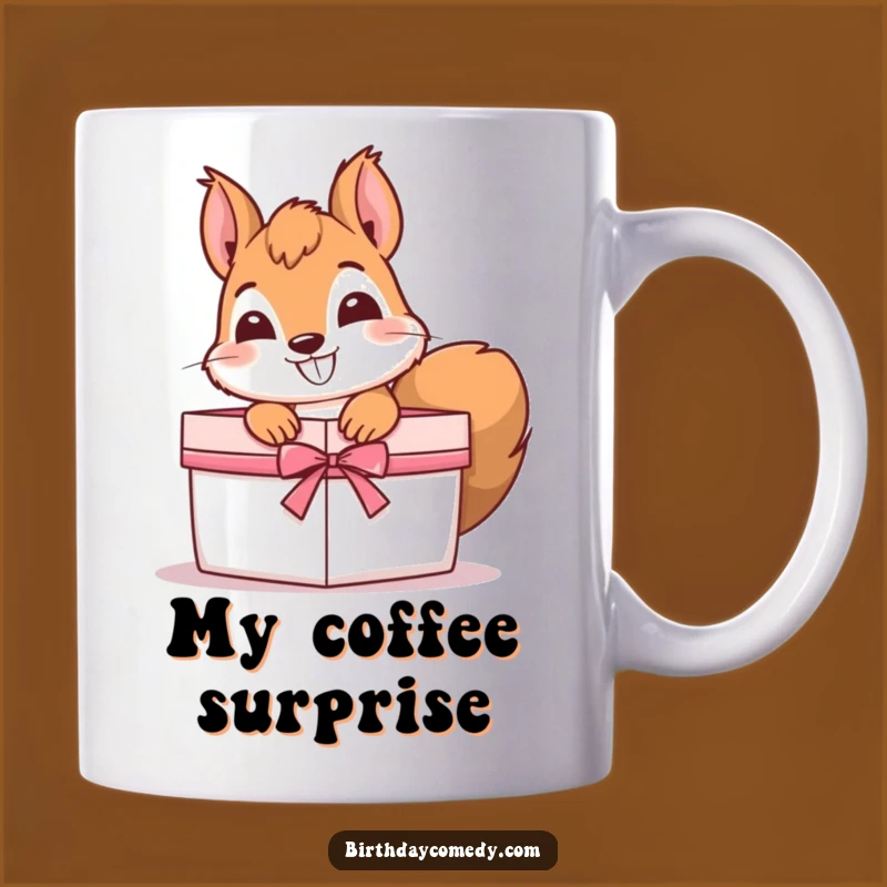 Funny Squirrel Gift Mug: Curious squirrel peeking from box, a hilarious gift for nut lovers and pranksters.