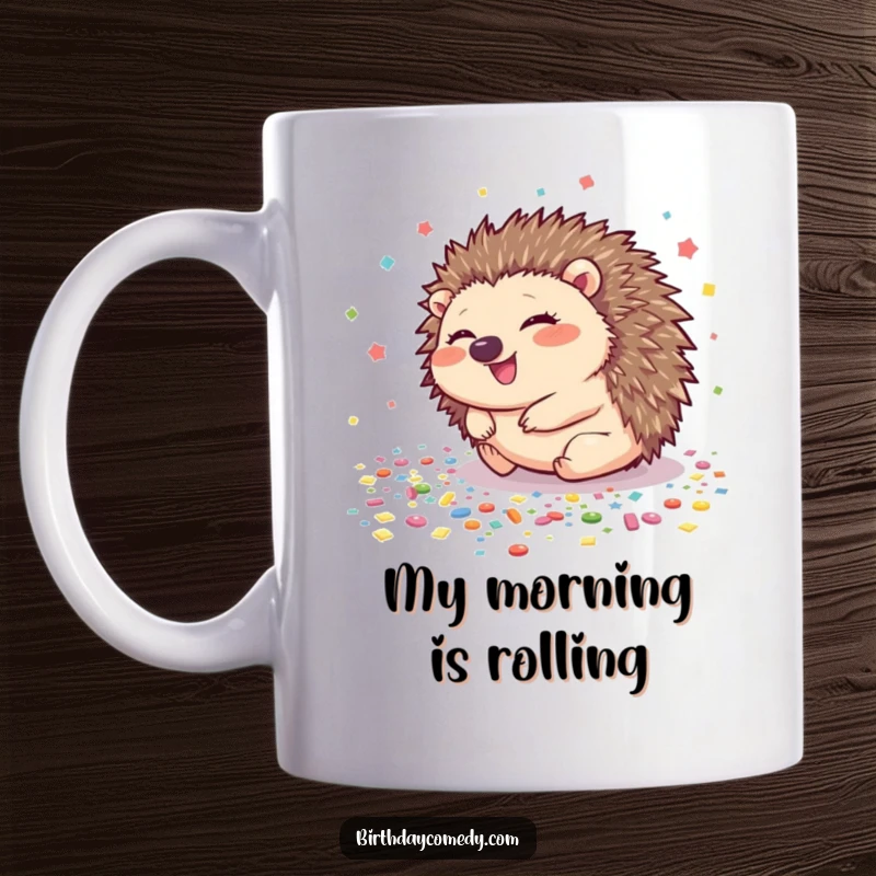 Funny hedgehog mug showing a giggling hedgehog rolling happily across a brightly confetti-strewn floor, embodying pure delight.