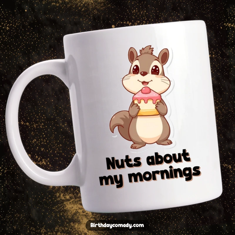 Funny squirrel mug, holding cake slice, looking up expectantly, playful and charming, ideal funny gift.