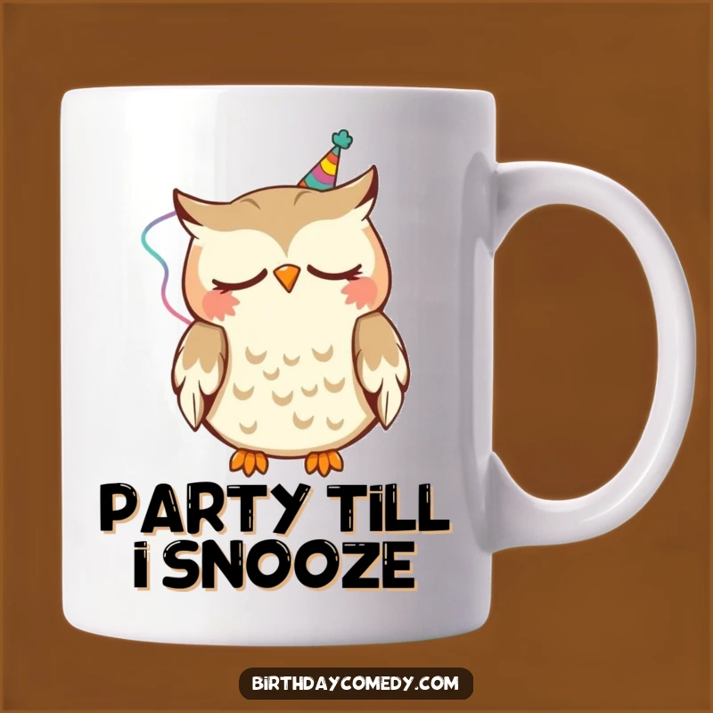 Funny Sleepy Owl Mug: Owl with streamer nodding, a hilarious and cozy gift for night owls and party lovers.