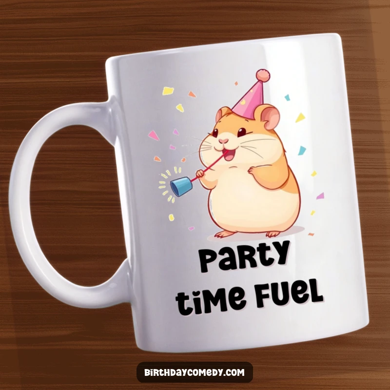 Funny Mug: Plump hamster wearing a party streamer joyfully chases a confetti cannon blast, embodying pure fun.