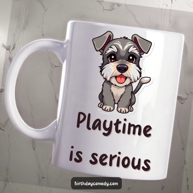 Funny schnauzer mug with a wagging tail and eyes gleaming with playful intent, showcasing mischievous dog humor.