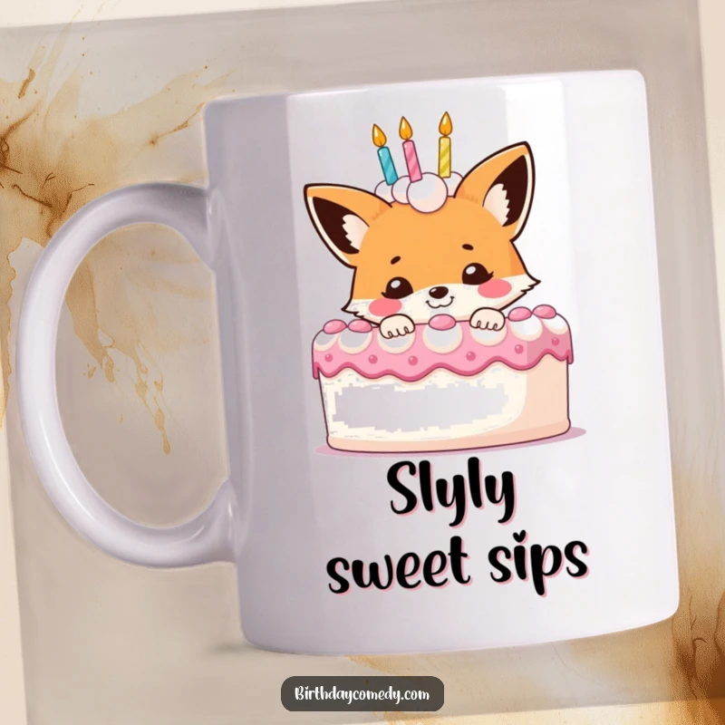 Funny fox birthday cake mug, a smiling character peeking mischievously from behind a giant, celebratory cake.