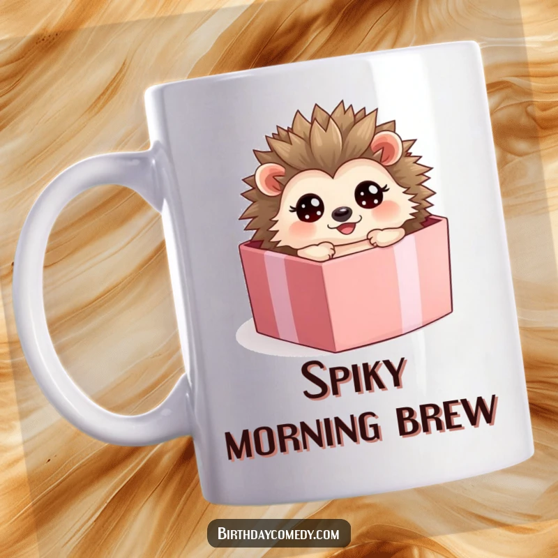 Funny hedgehog mug, a happy character rolling inside a gift box with wide, surprised eyes.