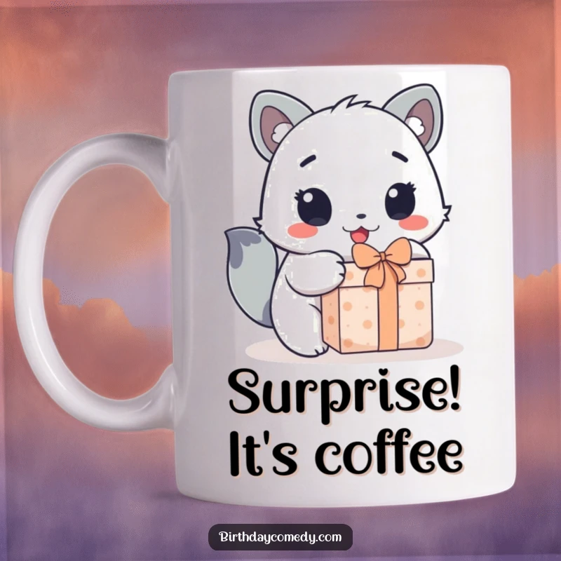Funny mug showing a cute animal character's wide, excited eyes as it enthusiastically unwraps a gift.