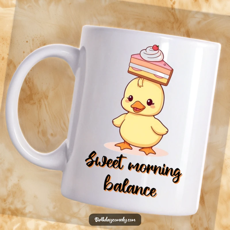 Funny Mug featuring a tiny, cute duckling precariously balancing a slice of cake on its head with a happy expression.