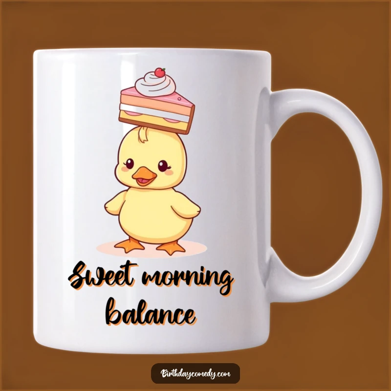 Funny Duckling Cake Mug: Adorable duckling balancing cake, a hilarious and sweet gift for dessert lovers and bird enthusiasts.
