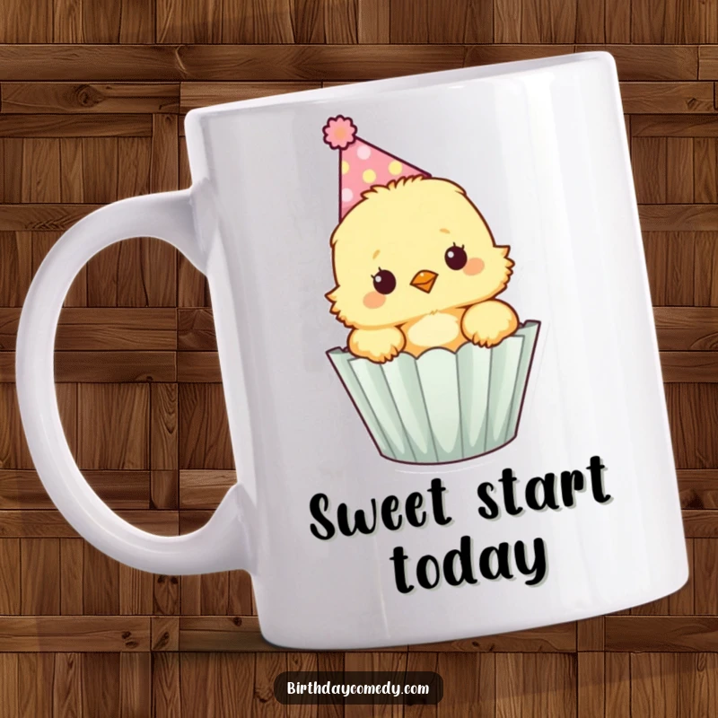 Funny fluffy chick wearing a party hat peeks out of a cupcake wrapper, a delightful and festive scene.