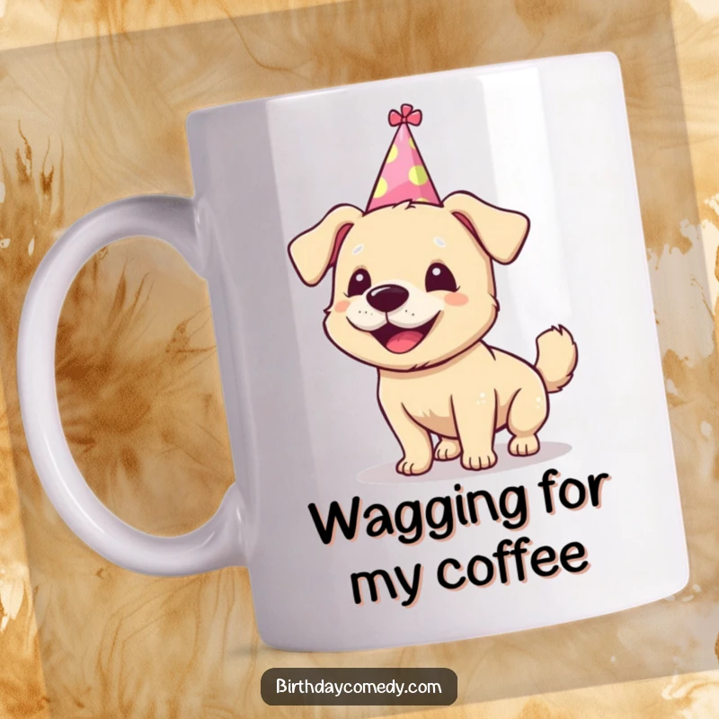 Funny dog mug, silly party hat askew, excitedly wagging tail, pure joy, ideal funny gift.