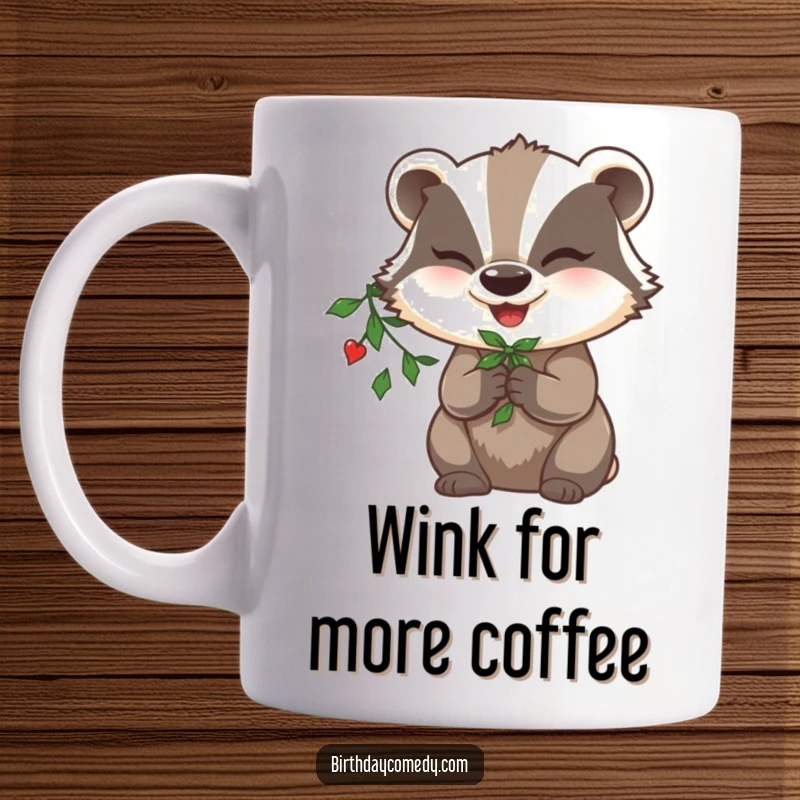 Funny badger mug, holding mistletoe in its paw, winking mischievously, embodying festive holiday fun.