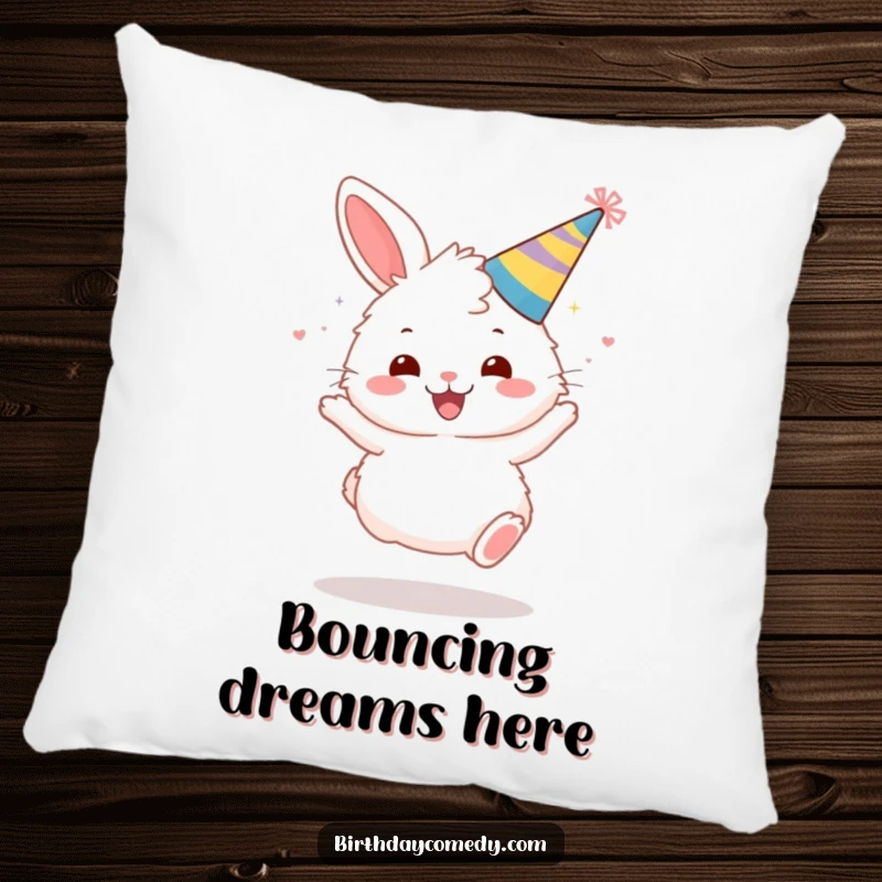 Funny pillow featuring a fluffy bunny in a party hat, bouncing gleefully.