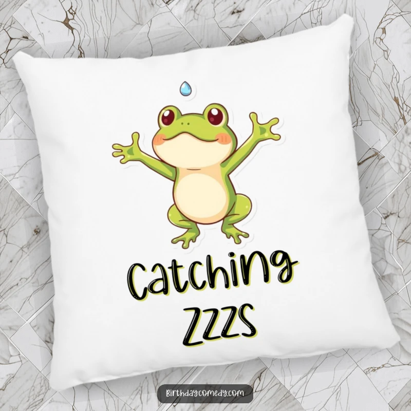 Funny frog pillow depicting a playful frog with arms open, catching a falling dewdrop, offering comfort and humor.