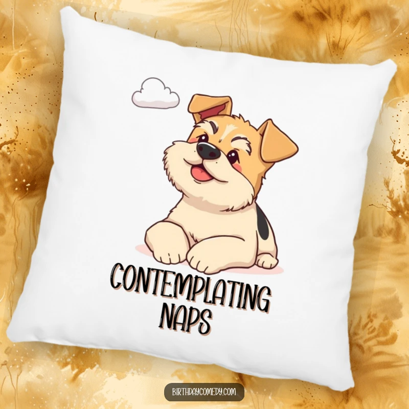 Funny terrier pillow featuring a content dog resting its head on its paws, gazing thoughtfully at a distant cloud.