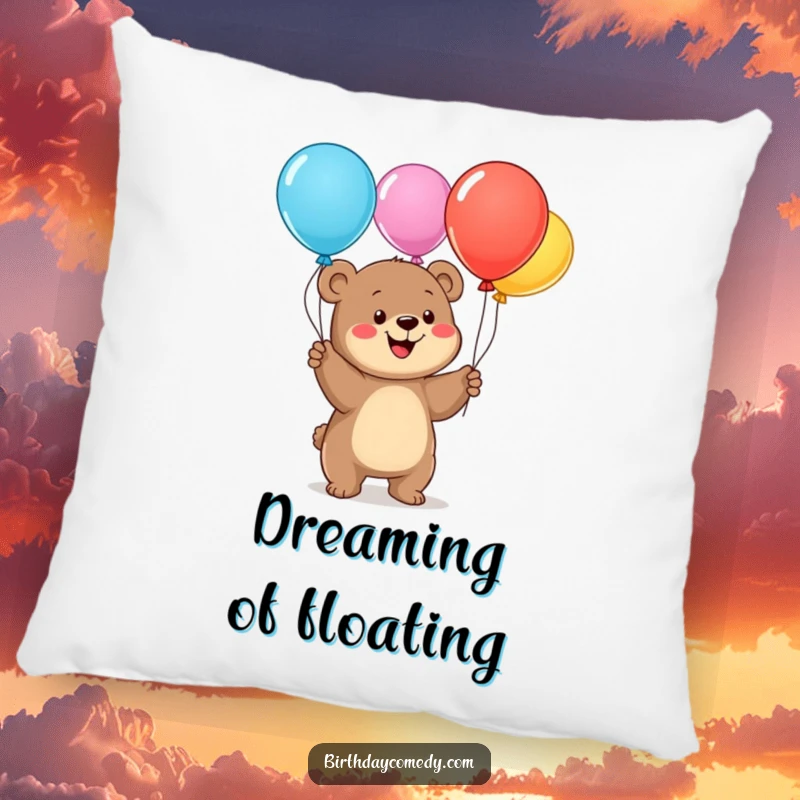 Funny bear cub pillow, a smiling cub juggling balloons, soft and huggable decor, perfect for a touch of whimsical fun.