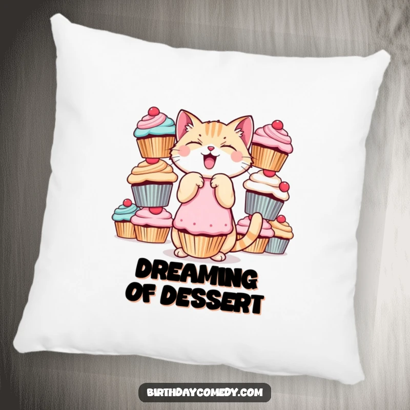 Funny cat pillow, giggling, balancing cupcakes, soft and humorous, great funny gift.